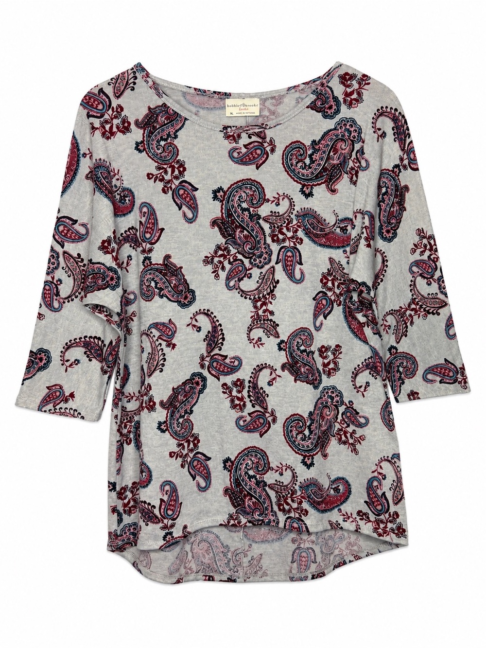 Bobbie Brooks Ladies XL Paisley Tunic Top Gray Burgundy Teal 3/4 Sleeve High Low